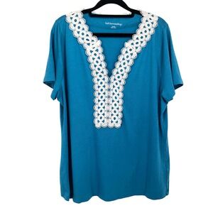 Soft Surroundings Teal Blue Lace Neck Trim Short Sleeve V Neck Tunic Top XL